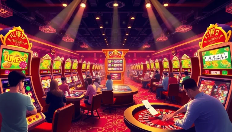 Experience the thrill of mahjong slot demo gameplay at a luxurious casino, with vibrant slot machines and excited players.