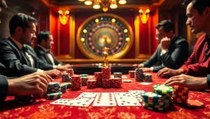 Experience excitement at a Dominoqiu poker game with vibrant chips and elegant cards in a luxurious casino.