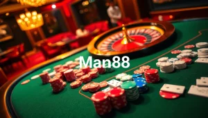Engaging poker action featuring Man88 casino chips and cards in a luxurious setting.