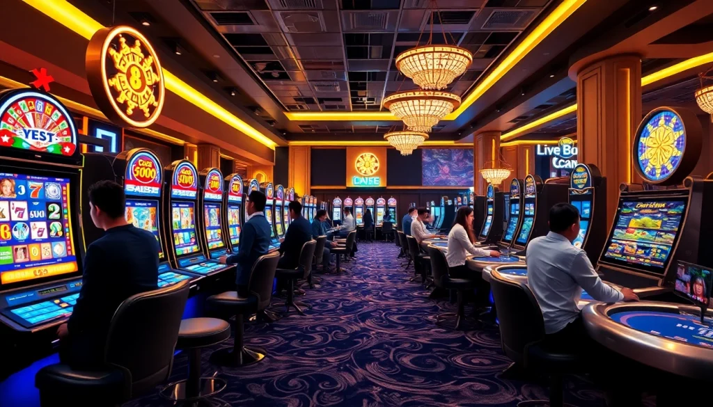 Exciting casino environment showcasing HH666 slot machines and live dealers.