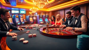Players enjoying the excitement of casino games at gilajp gaming tables, showcasing poker chips and slot machines.