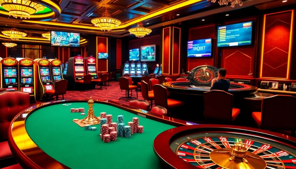 SBOBet betting action at a luxurious casino table filled with vibrant poker chips and dynamic slot machines.