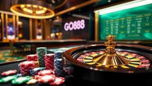 Experience the excitement of downloading Tải GO88 with vibrant casino visuals and gaming elements.