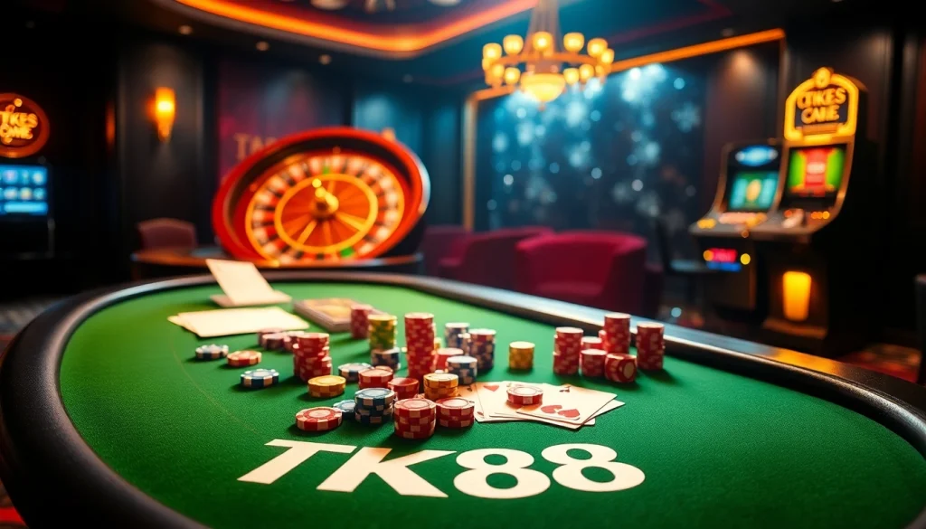 TK88 casino scene featuring vibrant poker table and colorful gambling elements.