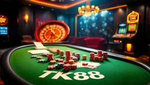 TK88 casino scene featuring vibrant poker table and colorful gambling elements.