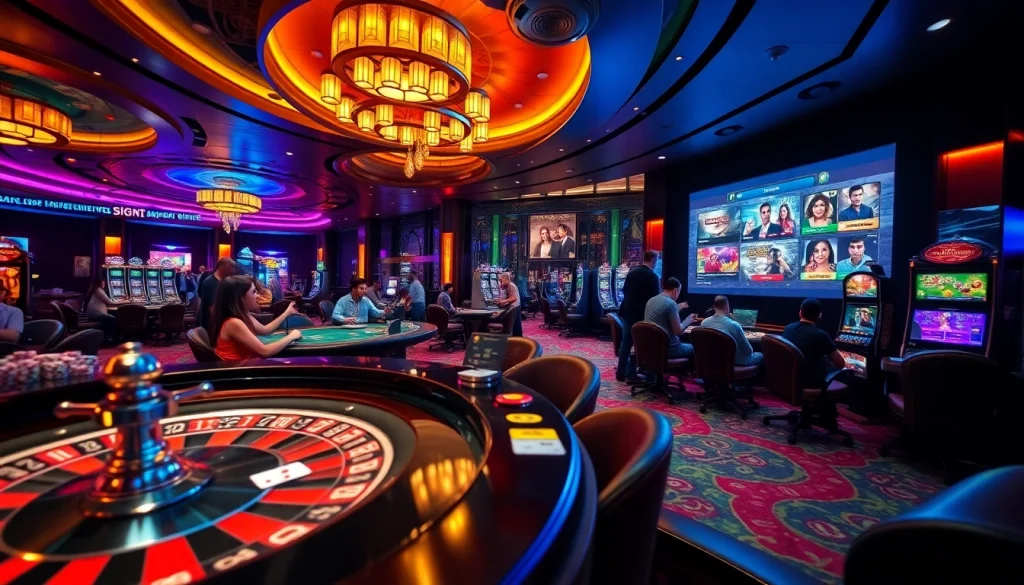 Experience the thrilling atmosphere of okfun's casino floor with roulette, poker, and vibrant gaming elements.