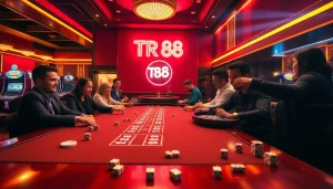 Players strategizing at a poker table in a luxury casino, with a vibrant TR88 neon sign illuminating the scene.