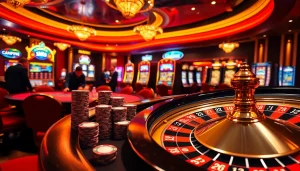 An engaging casino scene featuring poker chips and a roulette wheel, illustrating the excitement at https://okfun.uk.net/.