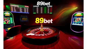 Engaging scene of 89bet casino with roulette, poker chips, and vibrant lights for online gambling.