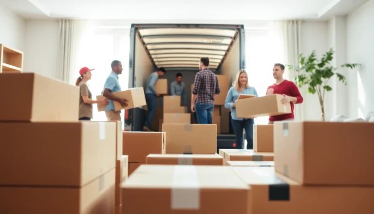 Efficient long distance moving team carefully loading boxes into a truck during a residential move.