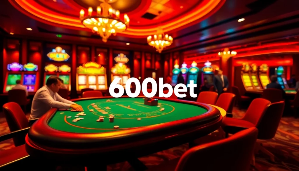 A vibrant casino scene featuring 600bet's online interface alongside an engaging poker table, showcasing the thrill of gambling.