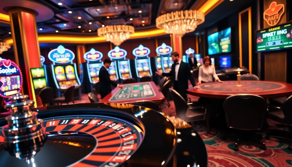 SboBet players engaging in a thrilling casino experience with roulette, blackjack, and vibrant lights.