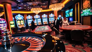 SboBet players engaging in a thrilling casino experience with roulette, blackjack, and vibrant lights.
