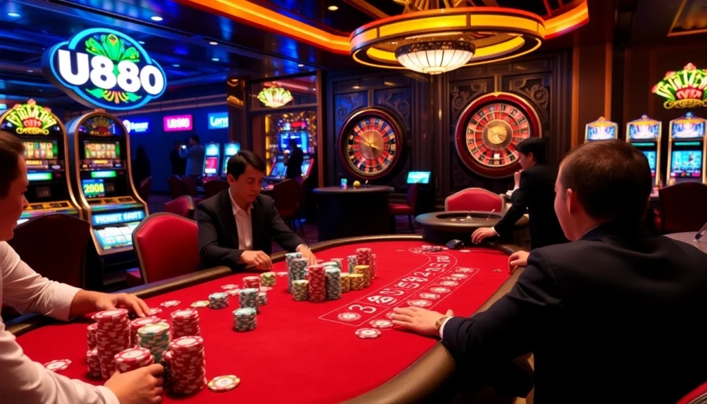 Experience the excitement of U888 at a vibrant casino table showcasing poker, roulette, and slots.