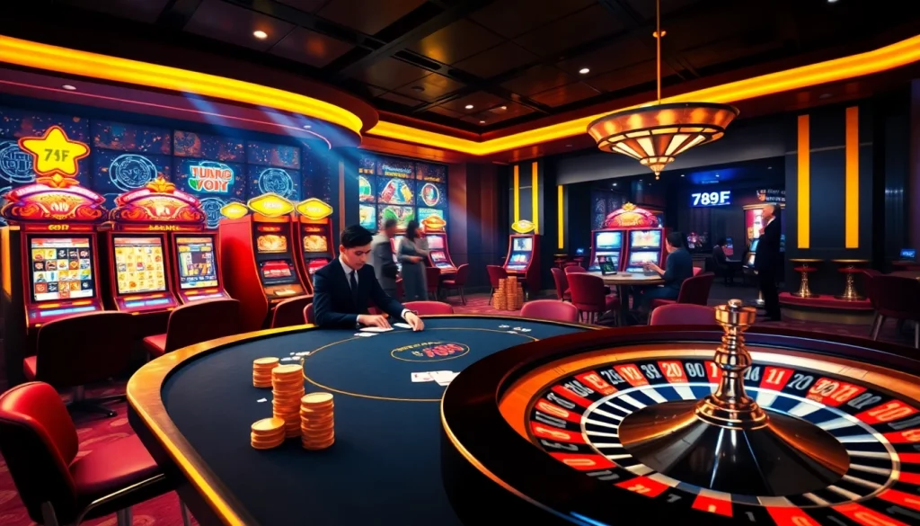 Experience the excitement of gambling at 789F nhà cái with vibrant casino visuals showcasing poker, slots, and roulette.
