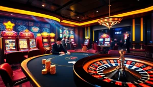 Experience the excitement of gambling at 789F nhà cái with vibrant casino visuals showcasing poker, slots, and roulette.