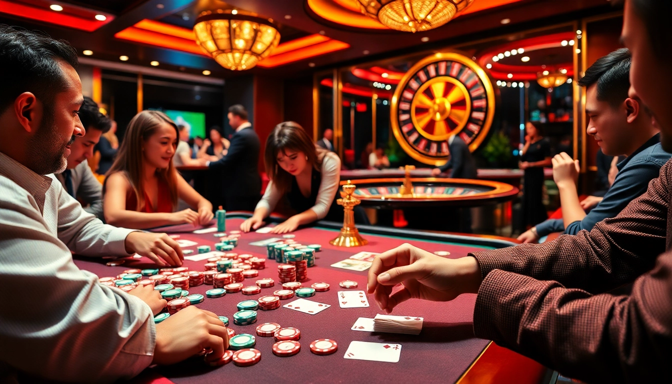 Experience high-stakes gaming at NK88's vibrant casino table, capturing thrilling moments of players in action.