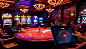 Players engaging in a high-stakes poker game at OK365 casino, showcasing excitement and luxury.