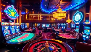 Players enjoying a high-stakes poker game at OKKING casino, surrounded by vibrant slot machines.