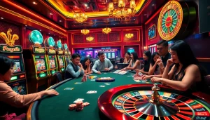 Experience excitement with apk jaya in a lively casino scene featuring poker, slots, and roulette. Captivating visuals for gamblers.