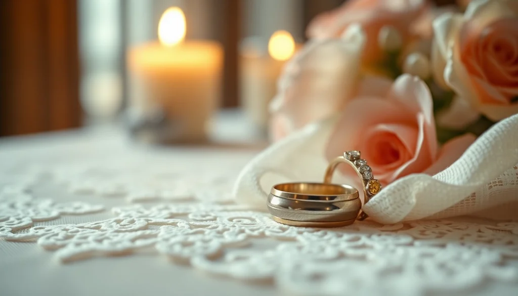レース生地の上に置かれた見事な結婚指輪のアップ。結婚式のお祝いにふさわしい優雅さとロマンスを捉える。