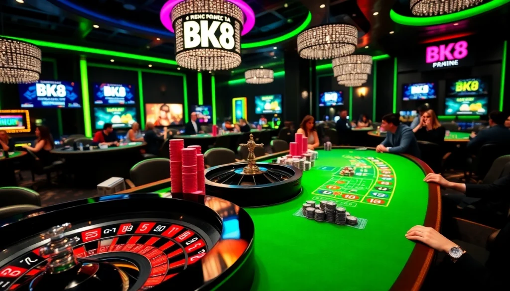 Experience the excitement of BK8 with vibrant casino games and neon lights.