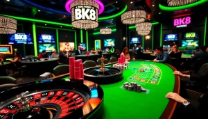Experience the excitement of BK8 with vibrant casino games and neon lights.