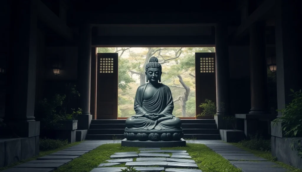 古代の日本寺院に安置される即身仏像。静かな緑に囲まれ、平穏な雰囲気。