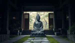 古代の日本寺院に安置される即身仏像。静かな緑に囲まれ、平穏な雰囲気。