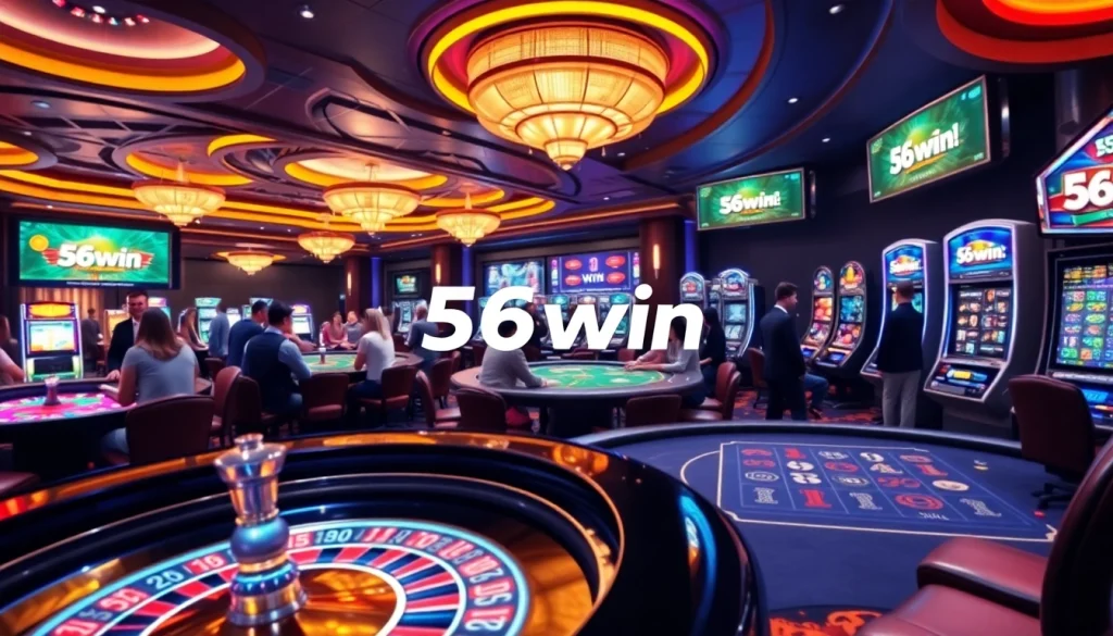 Experience a thrilling online casino atmosphere at https://56win.sale/ with poker tables and slot machines.