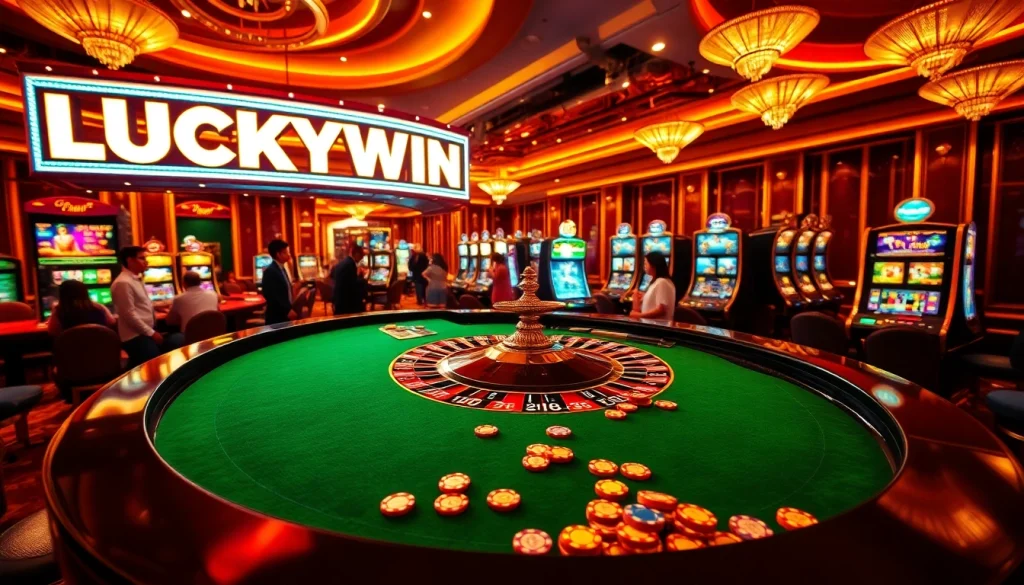 Players celebrating wins at the LUCKYWIN casino, surrounded by vibrant slot machines and roulette.