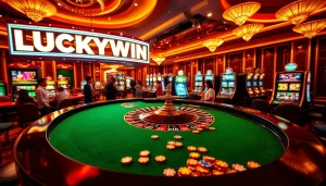 Players celebrating wins at the LUCKYWIN casino, surrounded by vibrant slot machines and roulette.