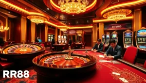 Experience the excitement of RR88 with vibrant casino games, poker chips, and elegant roulette wheels.