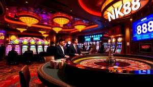 Experience high-stakes gambling at NK88 casino with vibrant roulette and blackjack tables.
