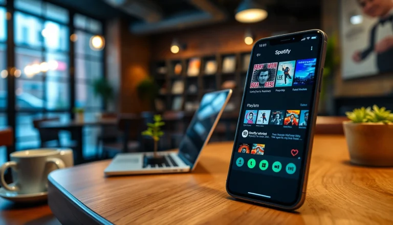 Enjoy ad-free music streaming experience with the Spotify mod apk on a smartphone in a cozy café.