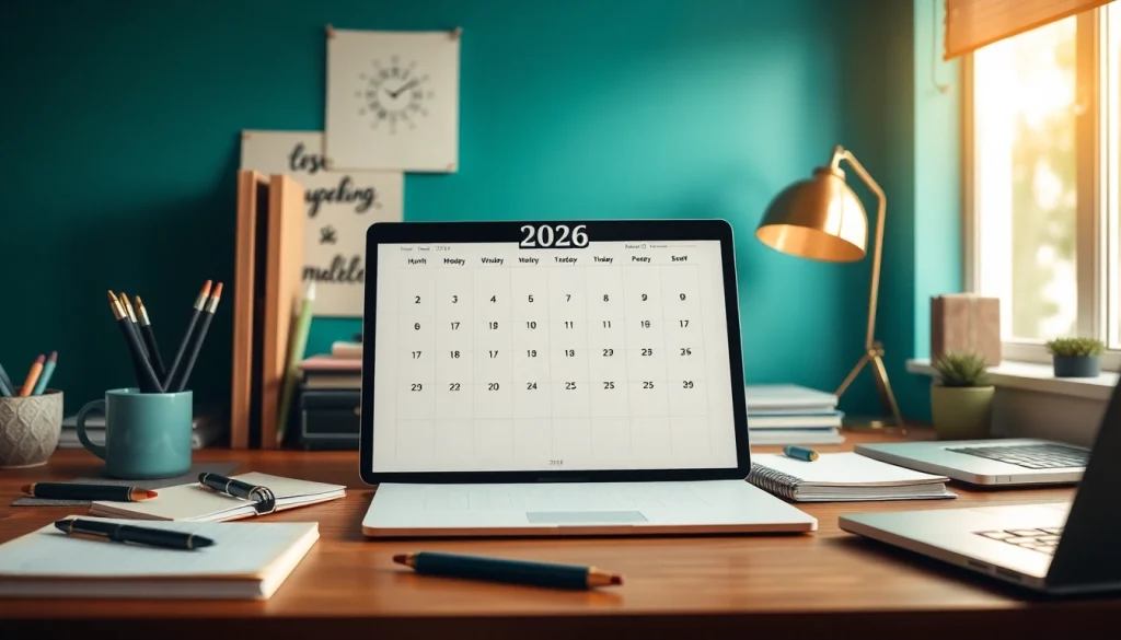 Stylish 2026 calendar displayed on a desk with office supplies, ideal for planning.