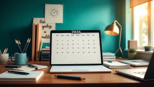 Stylish 2026 calendar displayed on a desk with office supplies, ideal for planning.