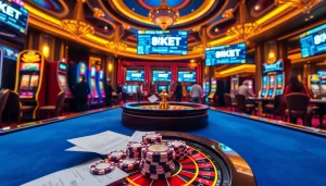 Experience the thrill of gambling at 8KBET with vibrant casino scenes featuring exciting slot machines and poker games.