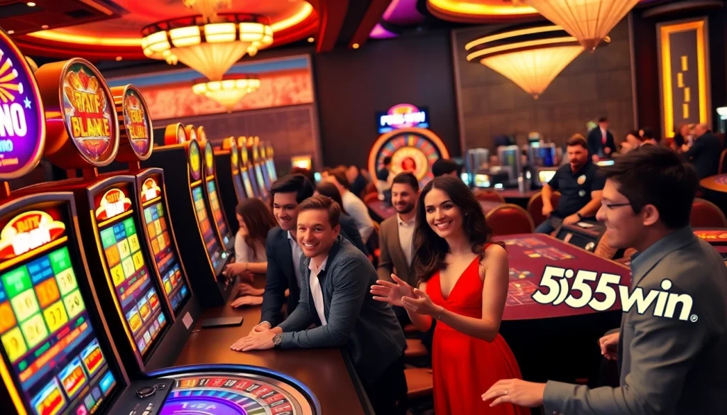 Experience the excitement of 555win com at a vibrant casino filled with slot machines and enthusiastic players.