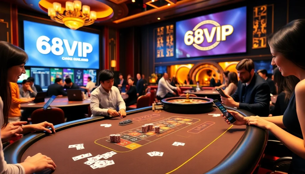 Exciting casino gaming at 68VIP with players at a blackjack table and a roulette wheel.