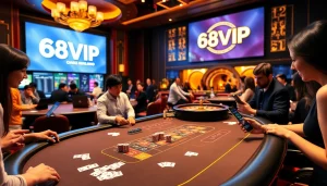 Exciting casino gaming at 68VIP with players at a blackjack table and a roulette wheel.