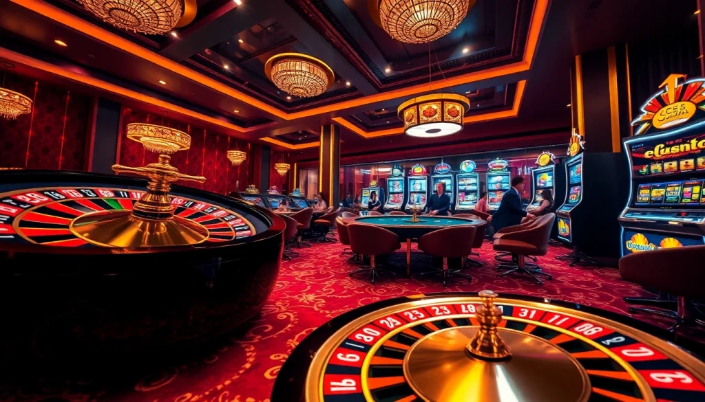 Experience the excitement of LC88 Casino with dynamic gaming visuals of roulette, poker, and slot machines.