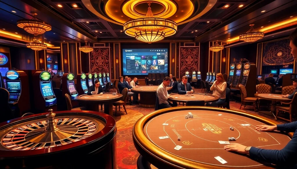 Experience the luxury of QH88 with lively games, poker tables, and vibrant casino elements.