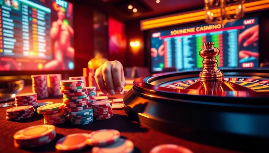 Experience SOIBET's thrilling gaming atmosphere with vibrant chips and cards at an elegant casino table.