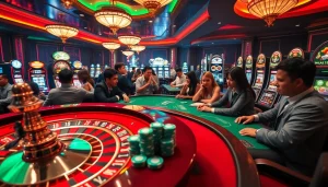 Experience thrilling gameplay at 8qbet with vibrant casino elements like roulette wheels and poker chips.