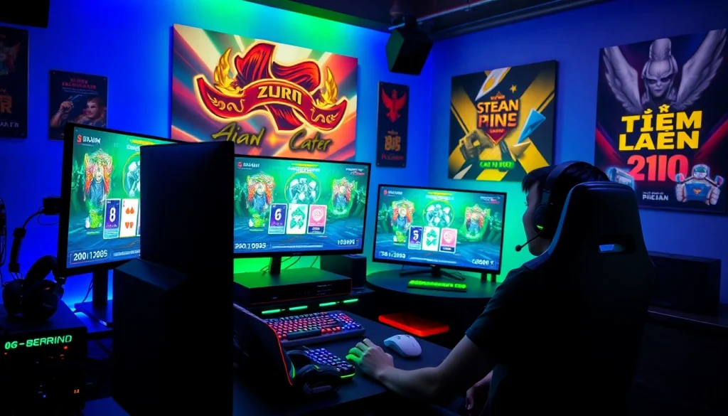 Dynamic gaming scene showcasing topgamebaidoithuong.mx with engaging card games and vibrant atmosphere.