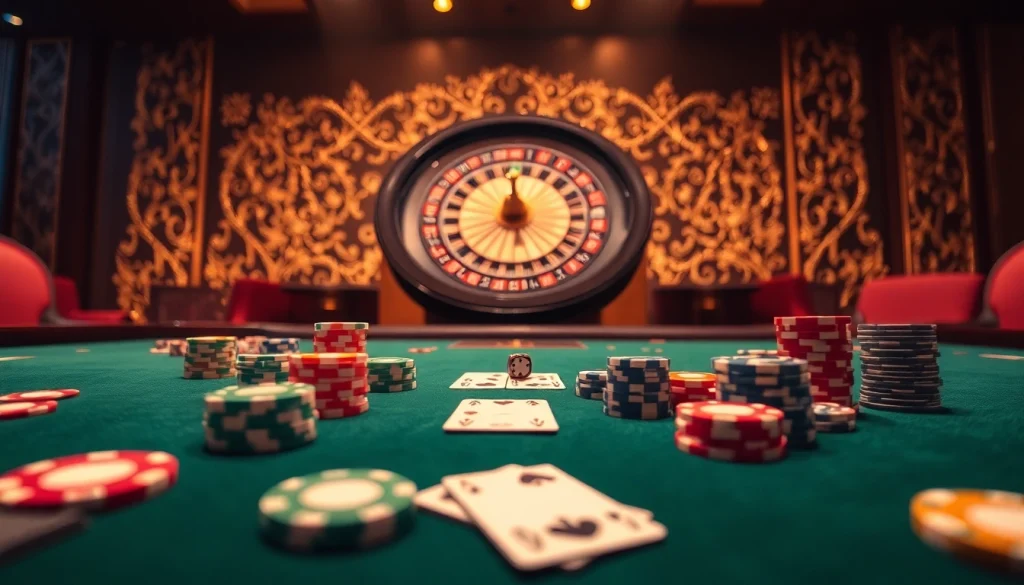 Experience the thrill of 68 game bài with vibrant chips and cards on a luxurious casino table.