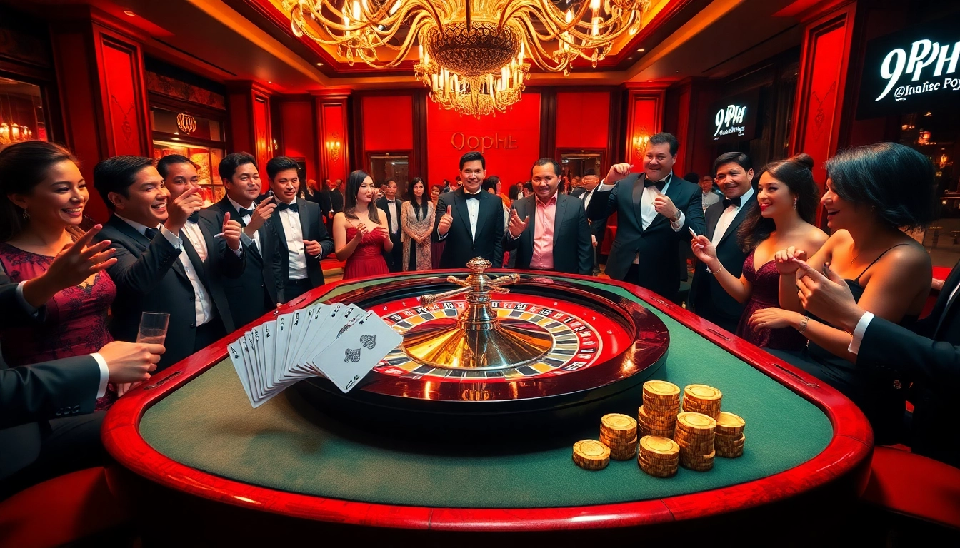 Players enjoying a thrilling roulette game at 9PH Casino with vibrant table colors and elegant décor.