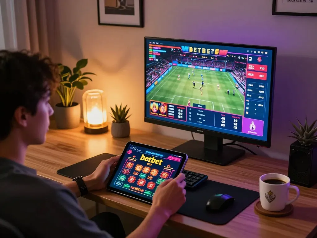 Engaging online betting on betbet from a cozy setup with vibrant game illustrations and relaxed atmosphere