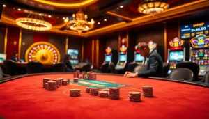 Experience thrilling gaming at https://68vip.ac/, featuring a luxurious poker table and vibrant casino atmosphere.